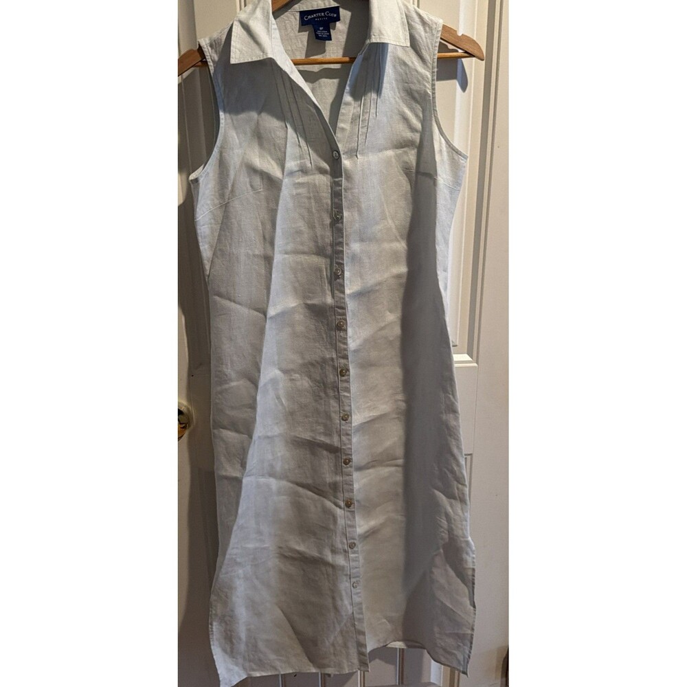 Charter Club Women's Linen Shirt Dress Blue Size 8 Petite Lagenlook Minimalist